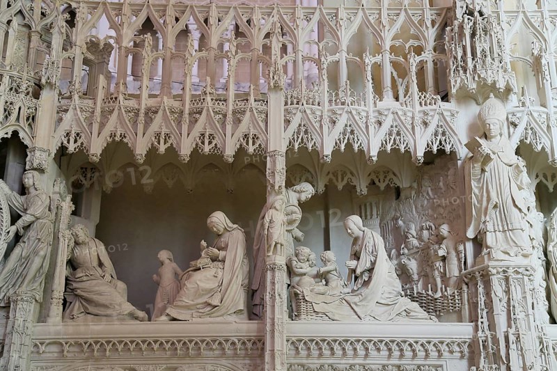 Stone sculptures Scenes from the Life of Jesus and Mary on the choir screen of Notre Dame of Chartres Cathedral