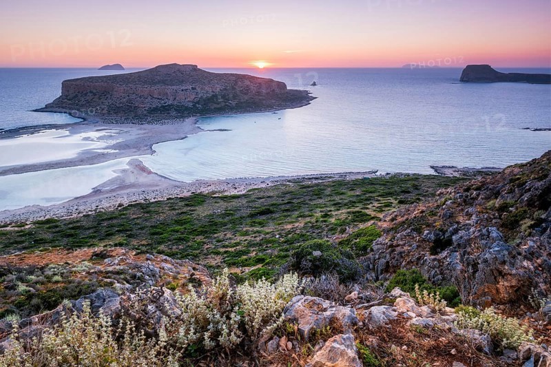 Island Gramvousa and the beautiful Balos beach on sunset in Crete island