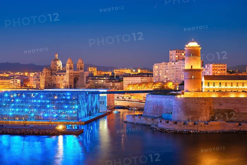 Marseille Old Port and Fort Saint-Jean and Museum of European and Mediterranean Civilisations and Marseille Cathedral illumintaed in night