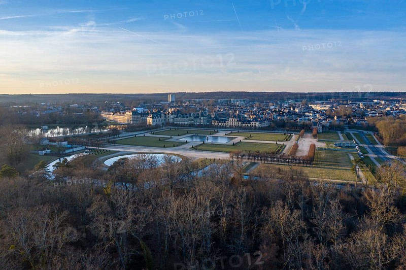 Aerial view of Fontainebleau Castle and Park