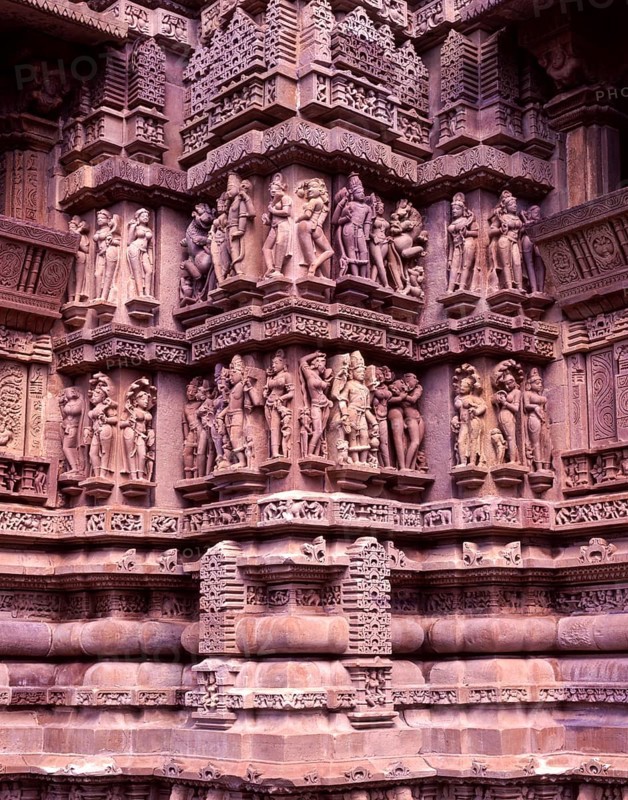 Sculptures on the exterior of the temple walls in Khajuraho