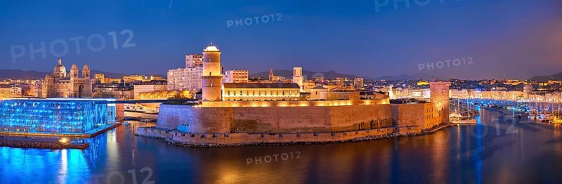Marseille Old Port and Fort Saint-Jean and Museum of European and Mediterranean Civilisations and Marseille Cathedral illumintaed in night