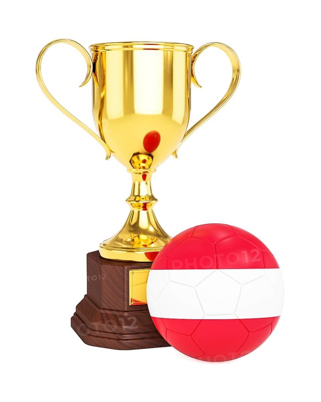 3d rendering of gold trophy cup and soccer football ball with Austria flag isolated on white background