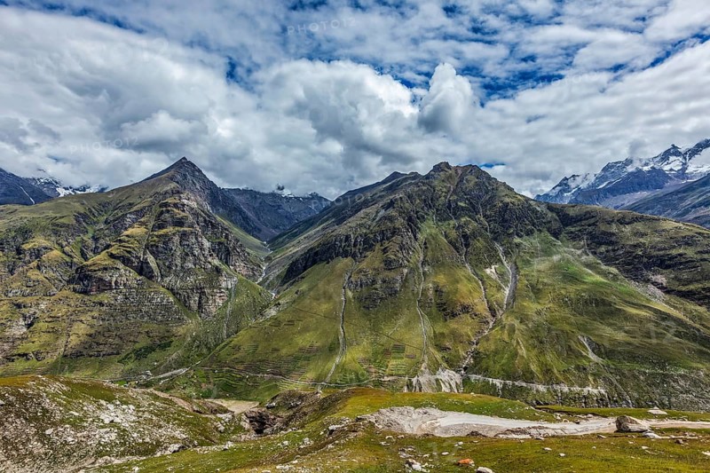 Veiw of Lahaul valley from descend from Rohtang La pass. Himachal Pradesh