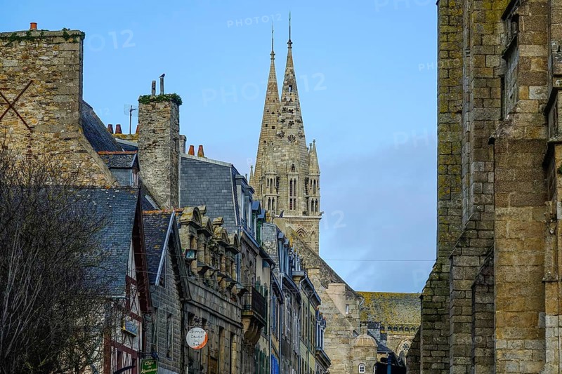 View from the chapel of Notre-Dame du Kreisker through the Rue General Leclerc to the Gothic cathedral of Saint-Paul Aurelien