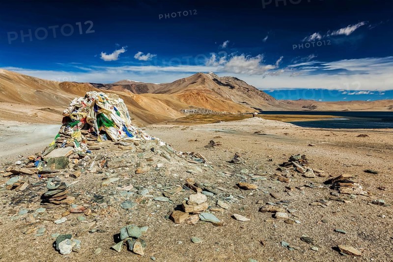 Stone cairn at Himalayan lake Tso Moriri
