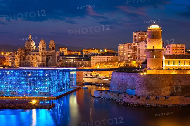 Marseille Old Port and Fort Saint-Jean and Museum of European and Mediterranean Civilisations and Marseille Cathedral illumintaed in night