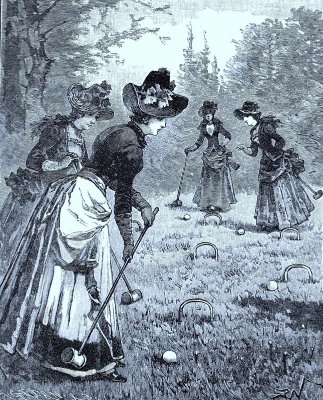 Distinguished ladies playing croquet in a park in London in 1870