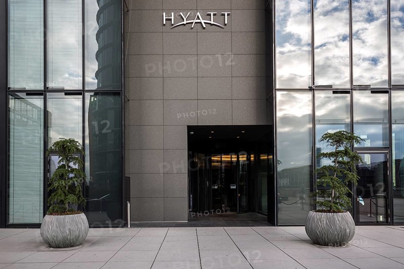 Entrance Hotel Hyatt Regency Duesseldorf at the Hafenspitze in the Media Harbour