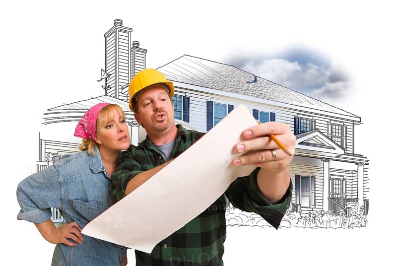 Woman talking with contractor over house drawing and photo combination on white
