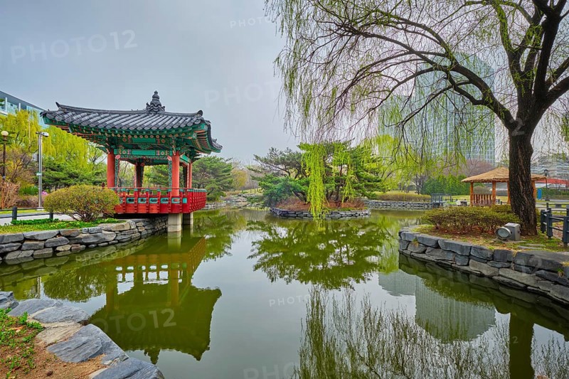 Yeouido Park public park pond with pavilion summerhouse in Seoul