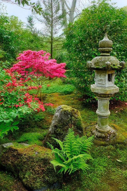 Stone lantern in Japanese garden in Park Clingendael