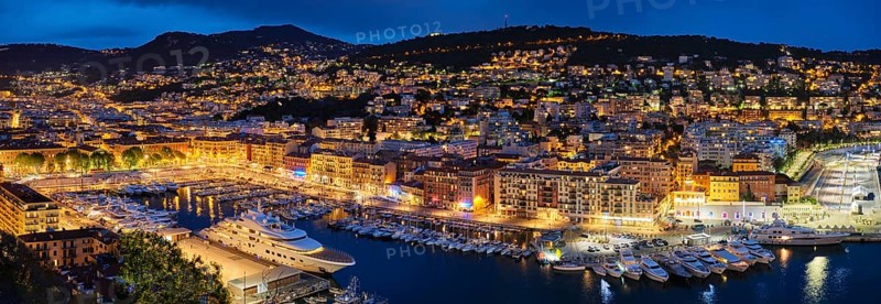 Panorama of Old Port of Nice with luxury yacht boats from Castle Hill