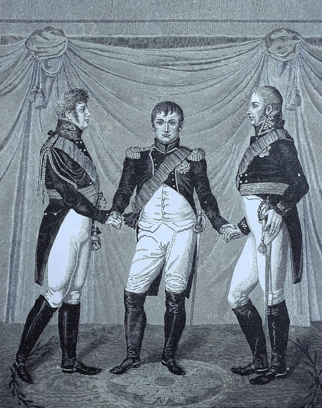 Der Friedensbund von Kaiser Alexander I. Napoleon I. und Koenig Friedrich Wilhelm III. am 27. Juni 1807