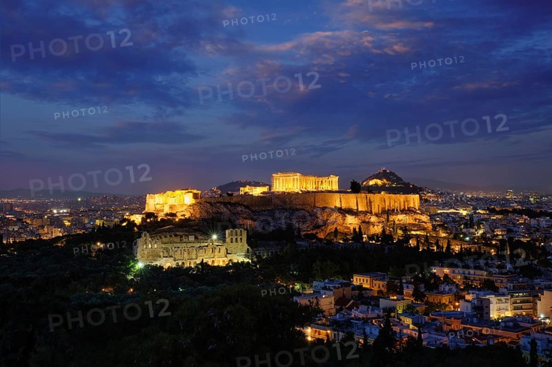 Parthenon Temple and Amphiteater are the antique iconic greek tourist landmark at the Acropolis of Athens and ancient European civilization architecture