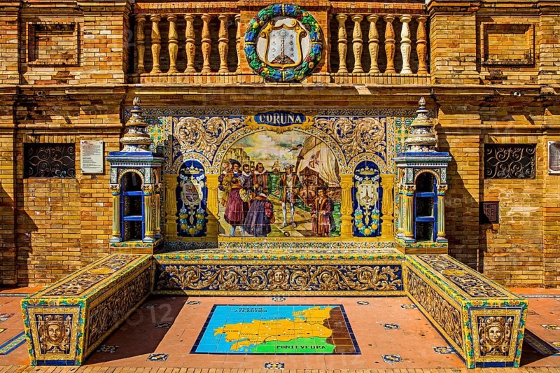 Painted ceramic benches representing Spanish provinces