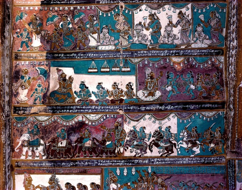 17th century Ramayana murals in Vasanta Mantapa ceiling in Alagarkovil or Alagar Koyil Vishnu temple near Madurai
