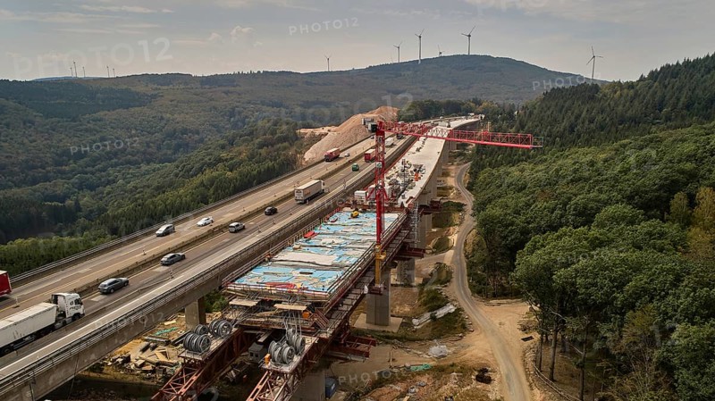 Aerial view of the construction work on the Pfaedchensgraben bridge on the A61 motorway near Rheinboellen
