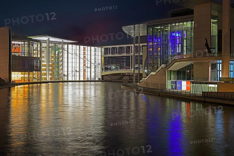Spree side of the Paul Loebe House and Marie Elisabeth Lueders House on the right in the evening