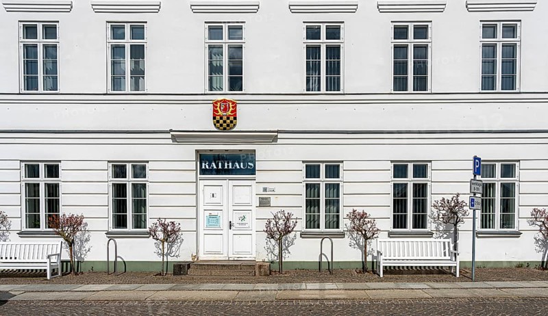 The town hall in the classicist architectural style in Putbus on the island of Ruegen