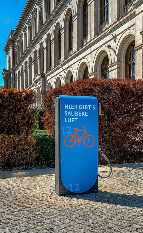 Blue column with air pump for cyclists at the Federal Ministry for the Environment