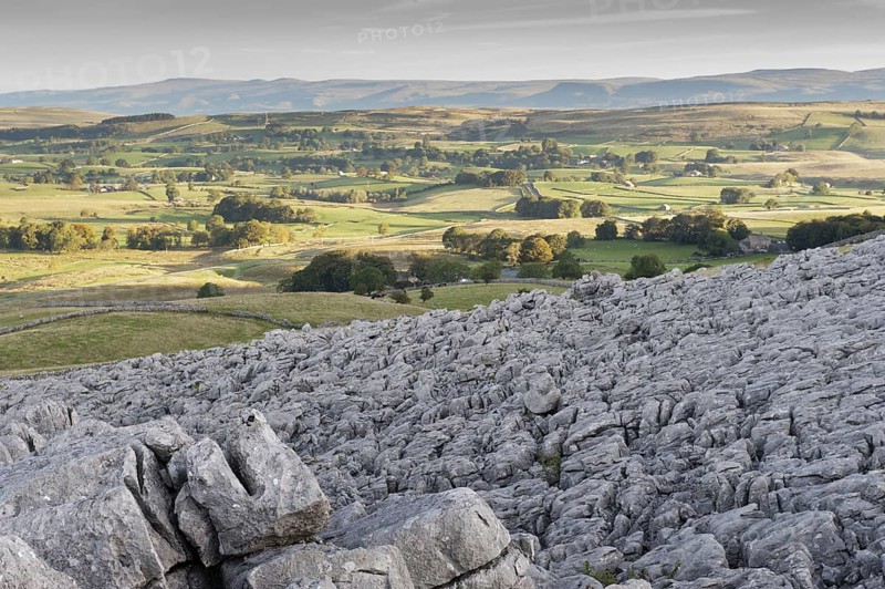 View of limestone pavement at sunrise