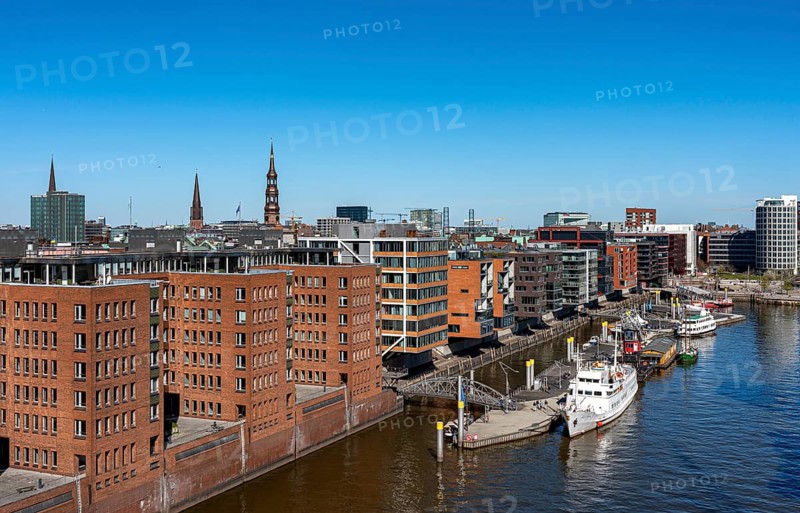 View of the Michel and Sandtorhafen harbour from the Elbe Philharmonic Hall concert hall in Hafencity