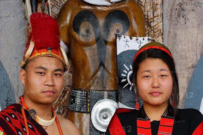Pair of Naga tribesmen in traditional dress