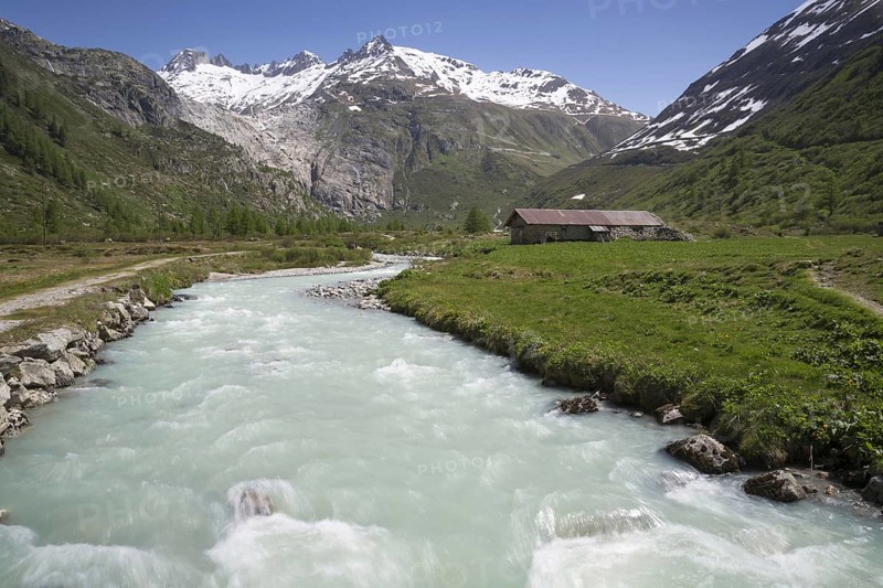 View of river in mountain valley