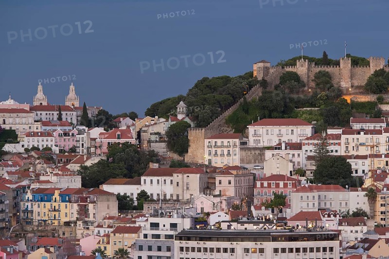 View from Miradouro de Sao Pedro de Alcantara over Lisbon with Castelo de Sao Jorge and Igreja de Sao Vicente de Fora
