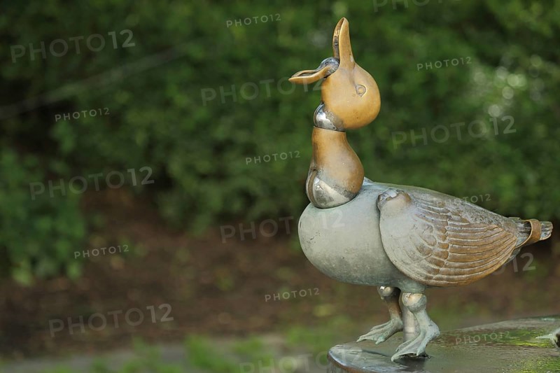 Bronze duck with open beak from the duck fountain at the Duck Square in Eltville