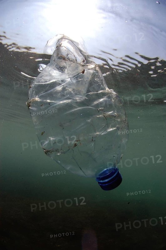 Plastic bottle drifting underwater in sea