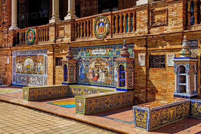 Painted ceramic benches representing Spanish provinces