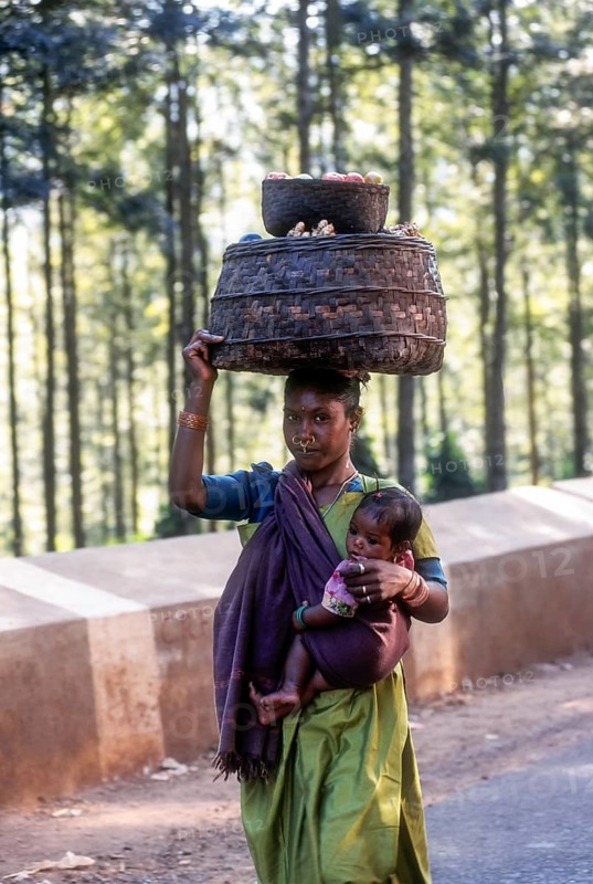 Tribal woman carrying her daughter on hip and carrying vegetable basket on head in Araku Valley near Vishakapatnam