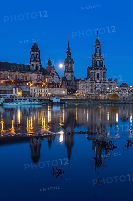 City view at blue hour with reflection in the Elbe and Staendehaus
