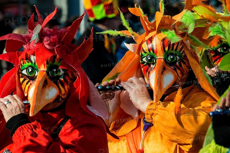Dressed-up musicians at the Morgenstraich
