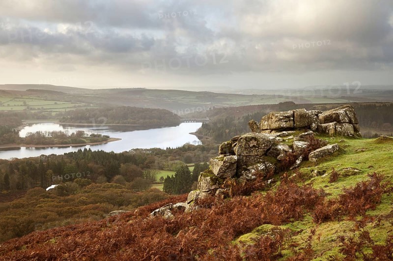View across the moorland to the reservoir at sunrise