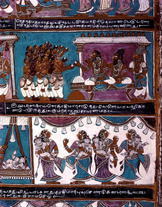 17th century Ramayana murals in Vasanta Mantapa ceiling in Alagarkovil or Alagar Koyil Vishnu temple near Madurai