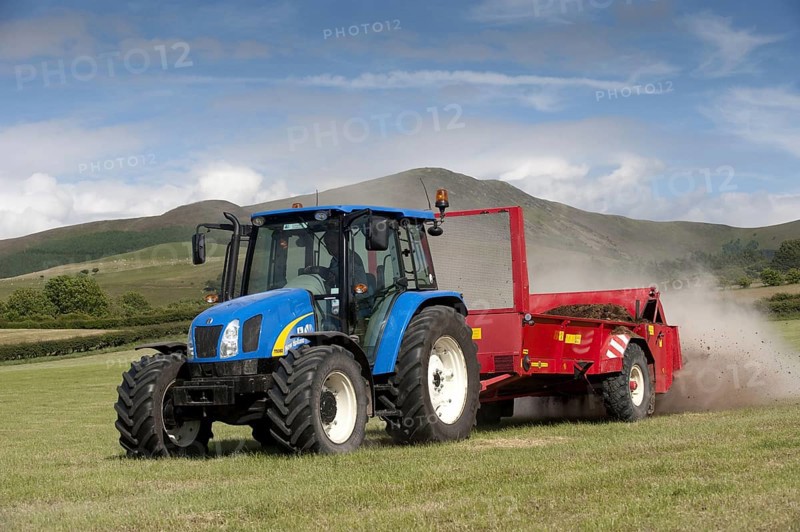 Tractor with manure spreader spreading chicken manure mixed with lime on freshly harvested meadow
