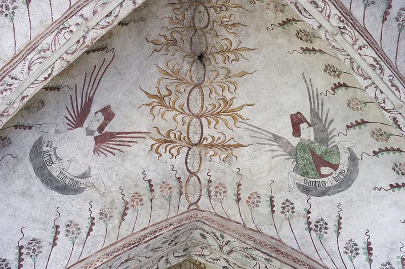 Paintings of saints on church ceiling