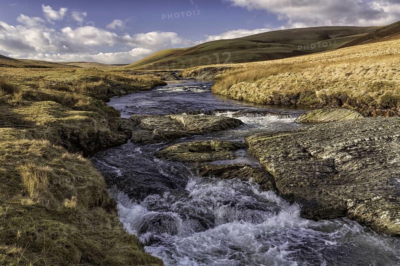 View of river flowing through moorland habitat