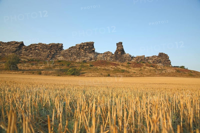 View of Devil's Wall with stubble field in Weddersleben near Thale