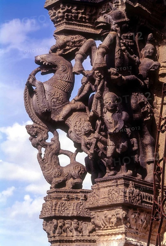 Exquisitely worked sculptures in hundred pillared hall in Varadharaja Perumal temple in Kancheepuram or Kanchipuram