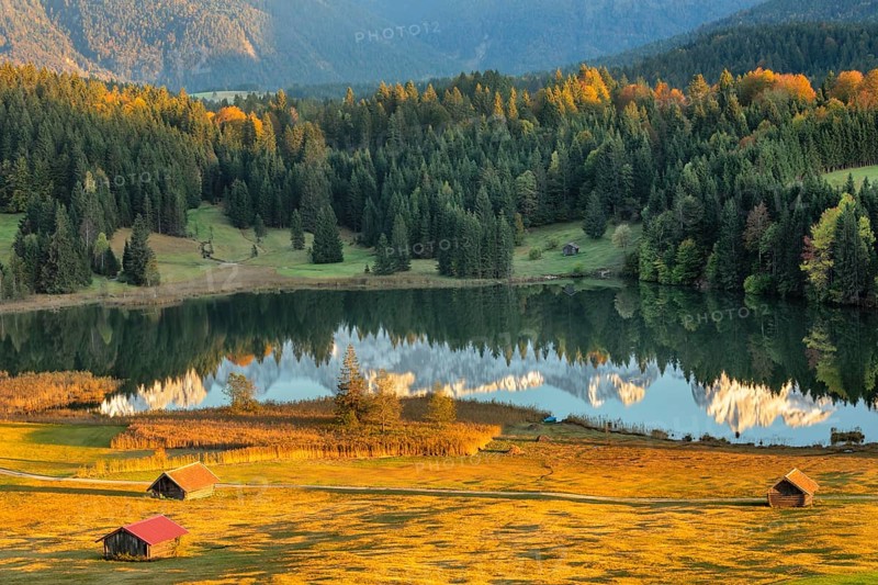 Karwendel Mountains reflected at sunset in Geroldsee