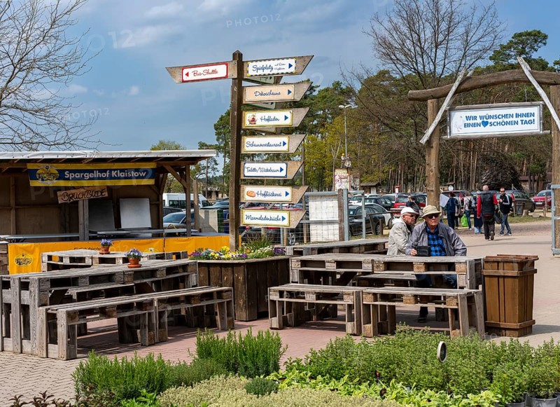 Market stalls and sales booths on the grounds of the asparagus farm in Klaistow