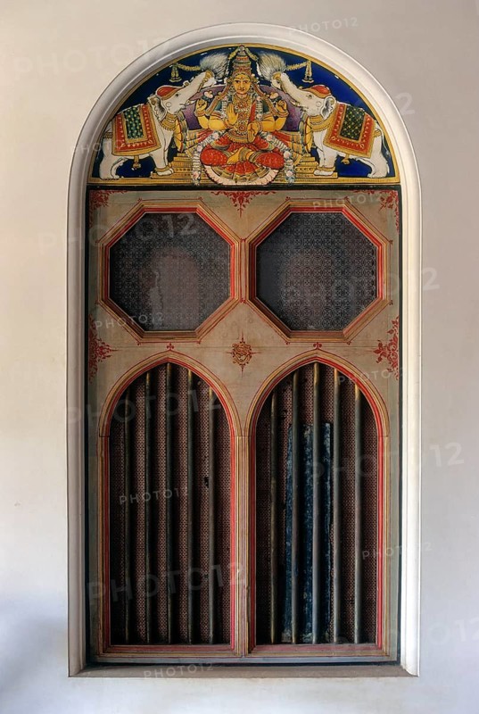 Goddess Maha Lakshmi with white elephants Painting on window in Nattukotai Chettiar