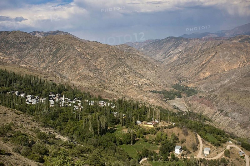 View of river valley and village