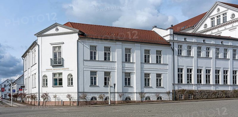 Classicist white houses in Putbus on the island of Ruegen