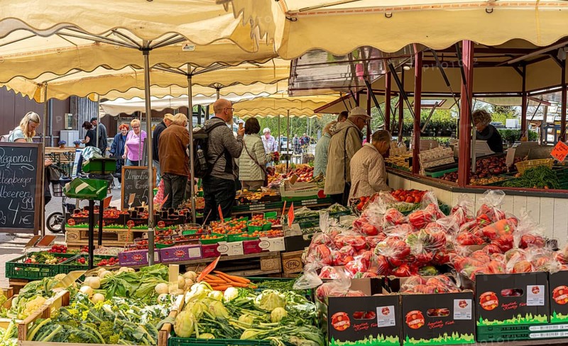 Market stalls and sales booths on the grounds of the asparagus farm in Klaistow