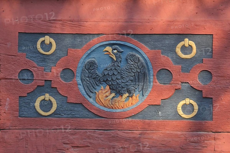 Wood carving with firebird at the historic Amthof in Bad Camberg